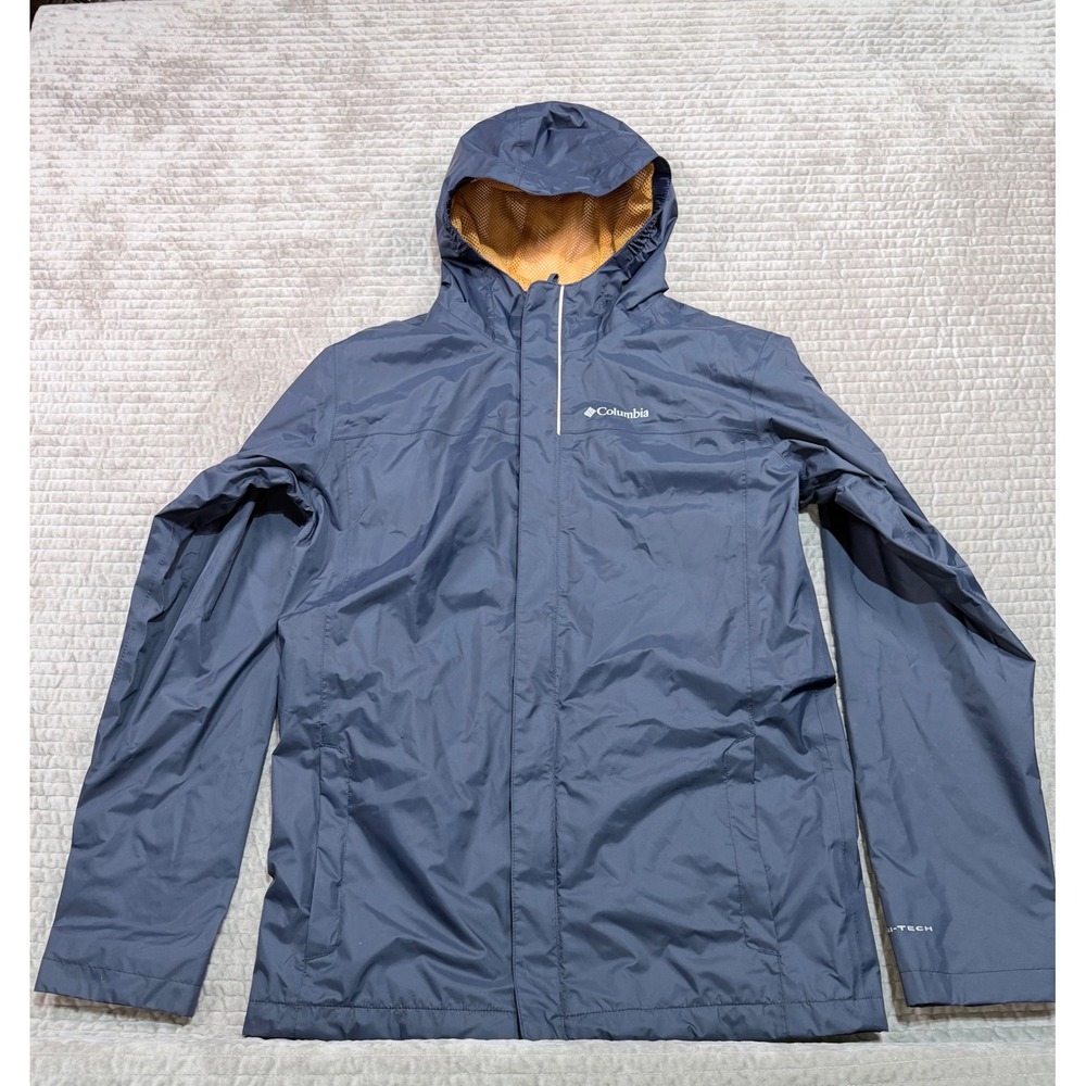 COLUMBIA Boys XL 18/20 Omni-Tech Hooded Rain Jacket Navy Blue